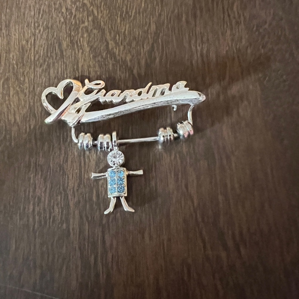 KIS Grandmother Brooch Pin Silver Tone with Blue Clear Rhinestone Child Boy